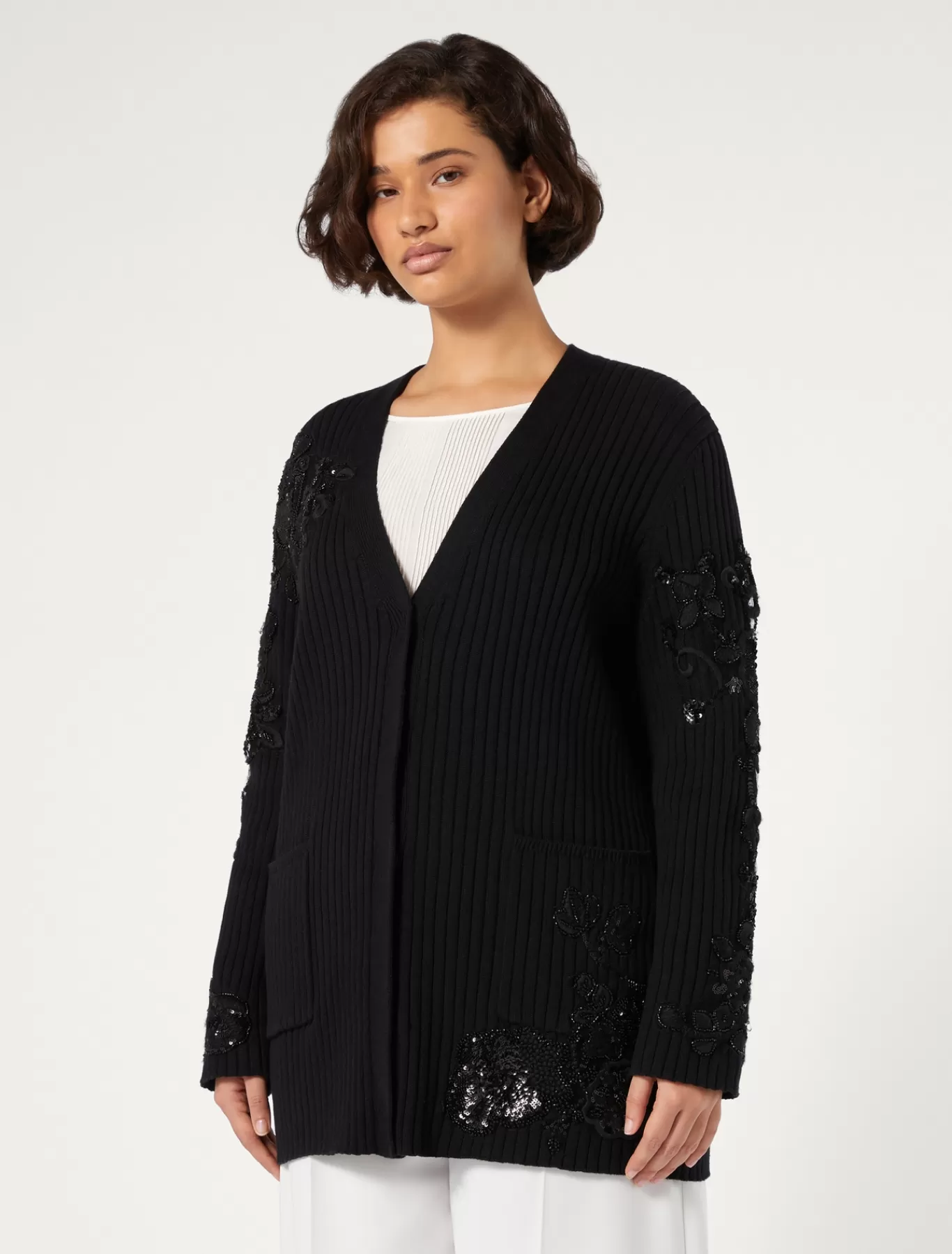 Marina Rinaldi Pulls | Pulls>Cardigan en coton avec broderies NOIR