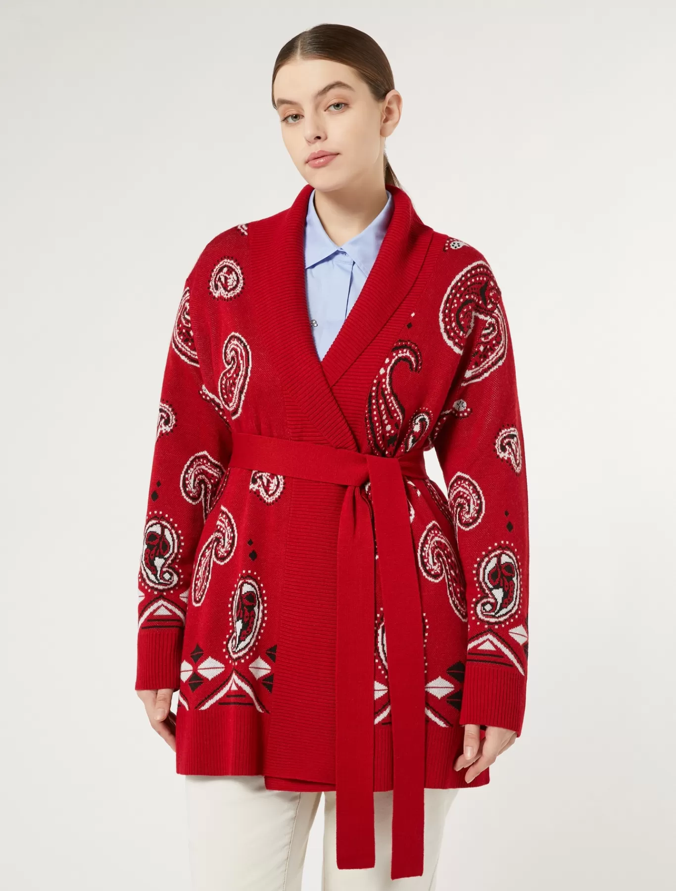 Marina Rinaldi Pulls | Pulls>Cardigan en laine jacquard mélangée ROUGE