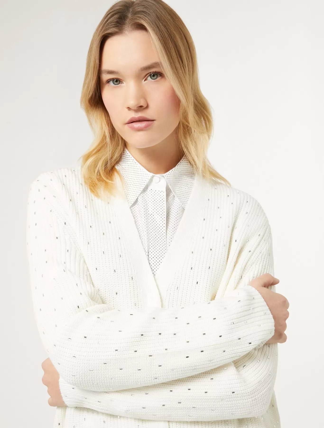 Marina Rinaldi Pulls | Pulls>Cardigan en laine mélangée avec strass BLANC