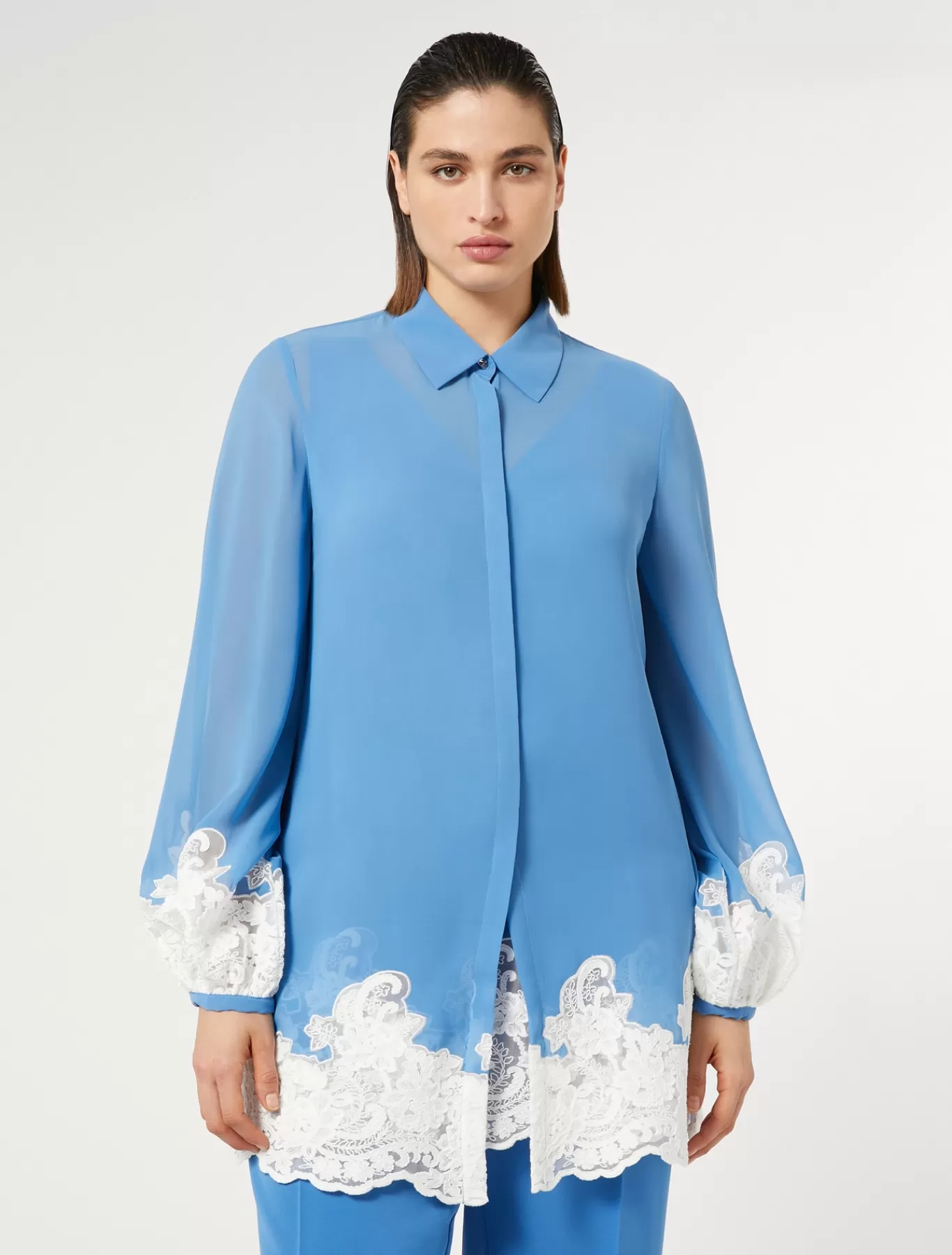 Marina Rinaldi Chemisiers | Tuniques, Chemisiers & Blouse>Chemise en georgette et dentelle avec haut GRISBLEU