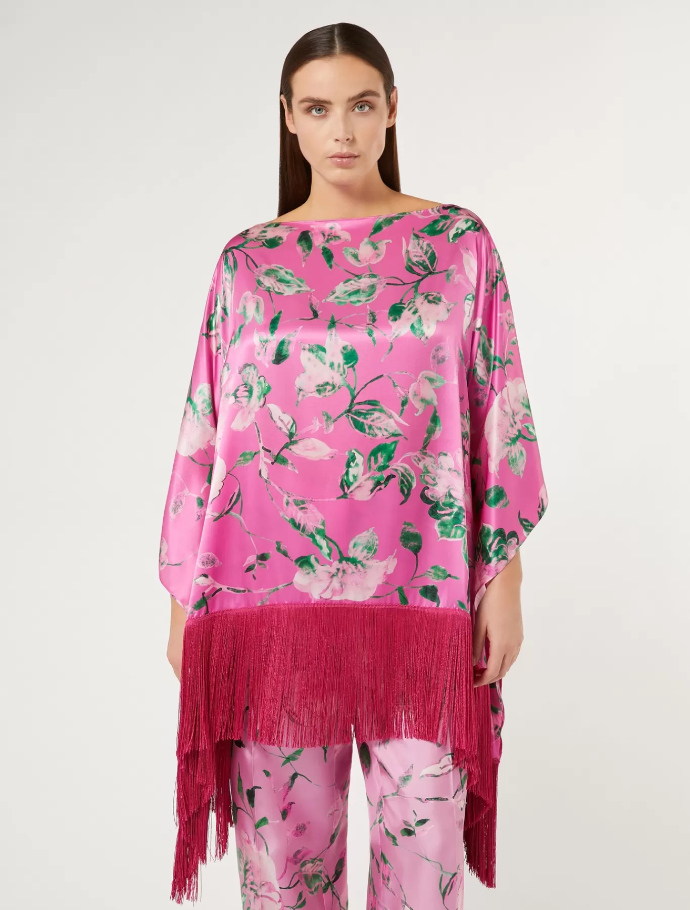 Marina Rinaldi Vestes | Tuniques, Chemisiers & Blouse>Poncho en satin de soie ROSE