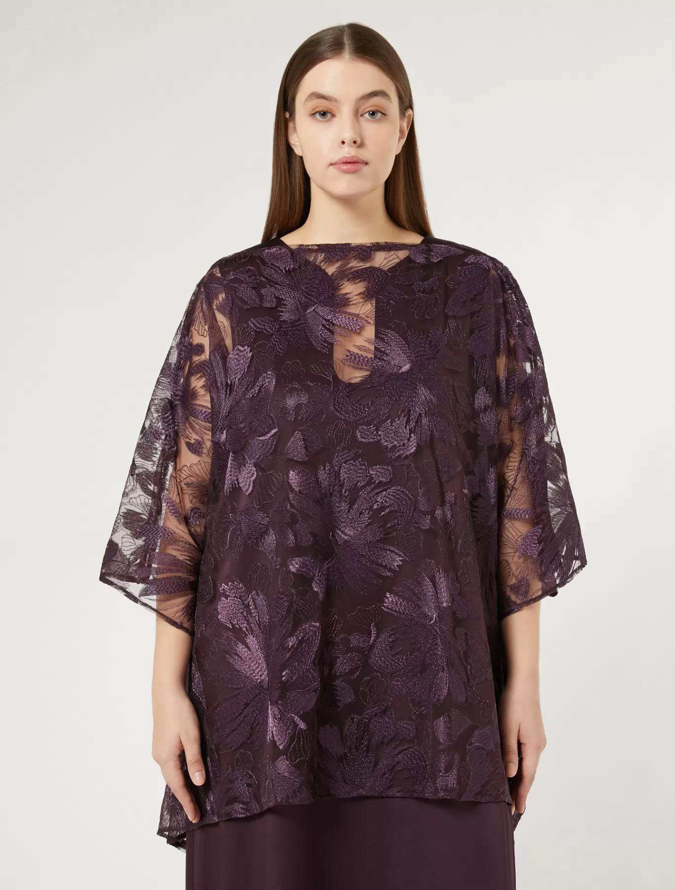 Marina Rinaldi Vestes | Collection Elegante>Poncho en tulle brodé BORDEAUX