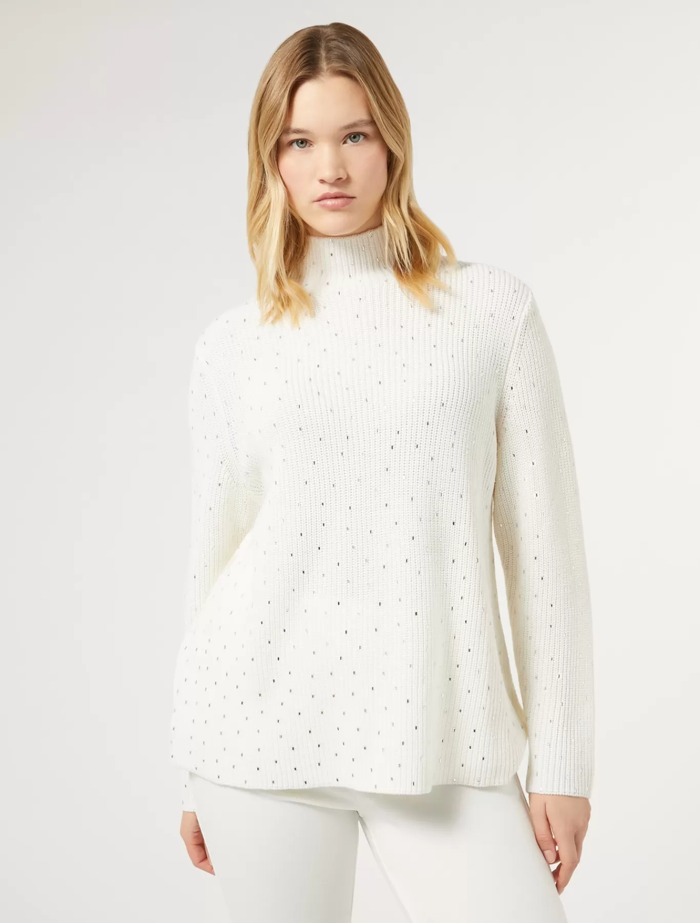 Marina Rinaldi Pulls | Pulls>Pull en laine mélangée avec strass BLANC