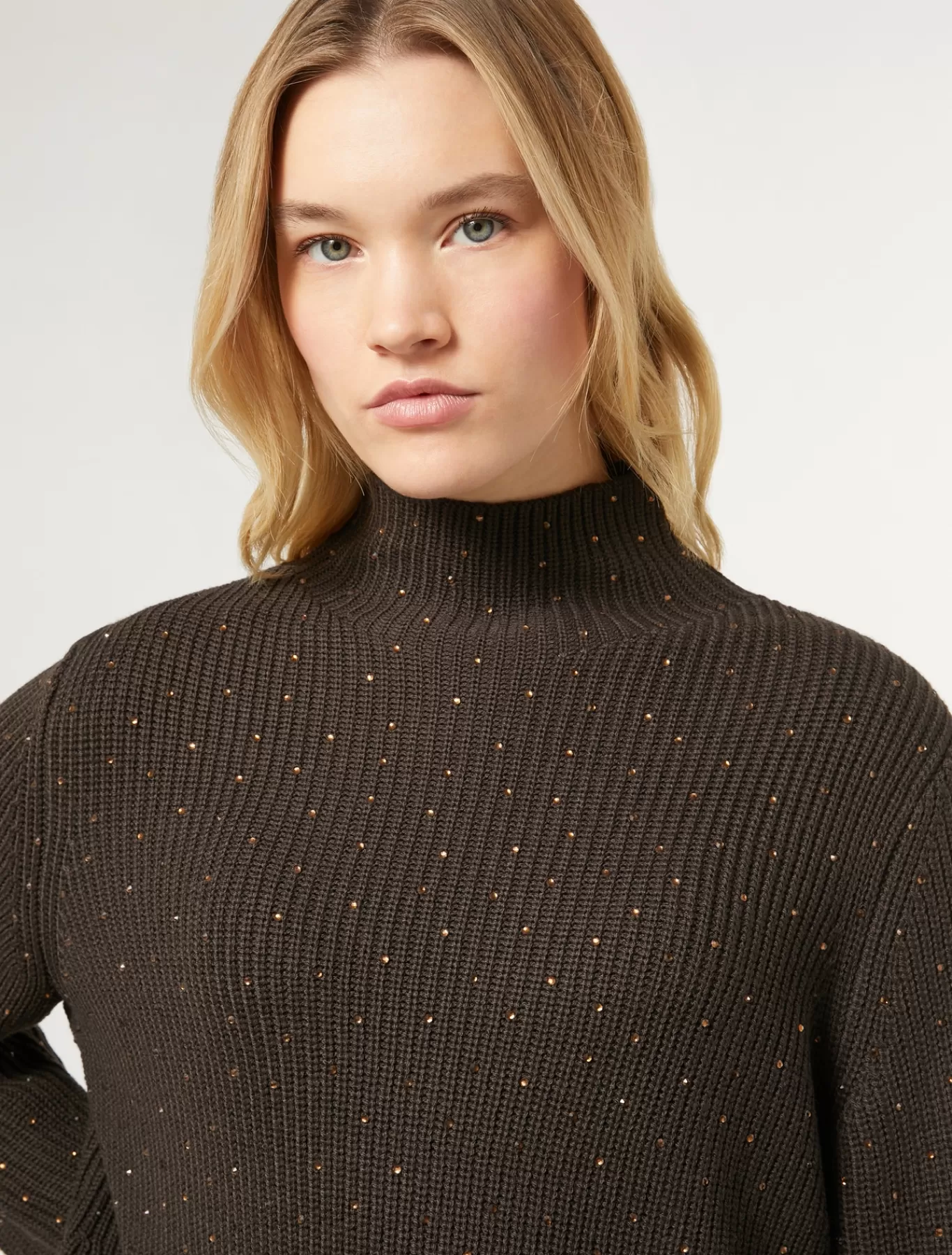 Marina Rinaldi Pulls | Pulls>Pull en laine mélangée avec strass CHOCOLAT