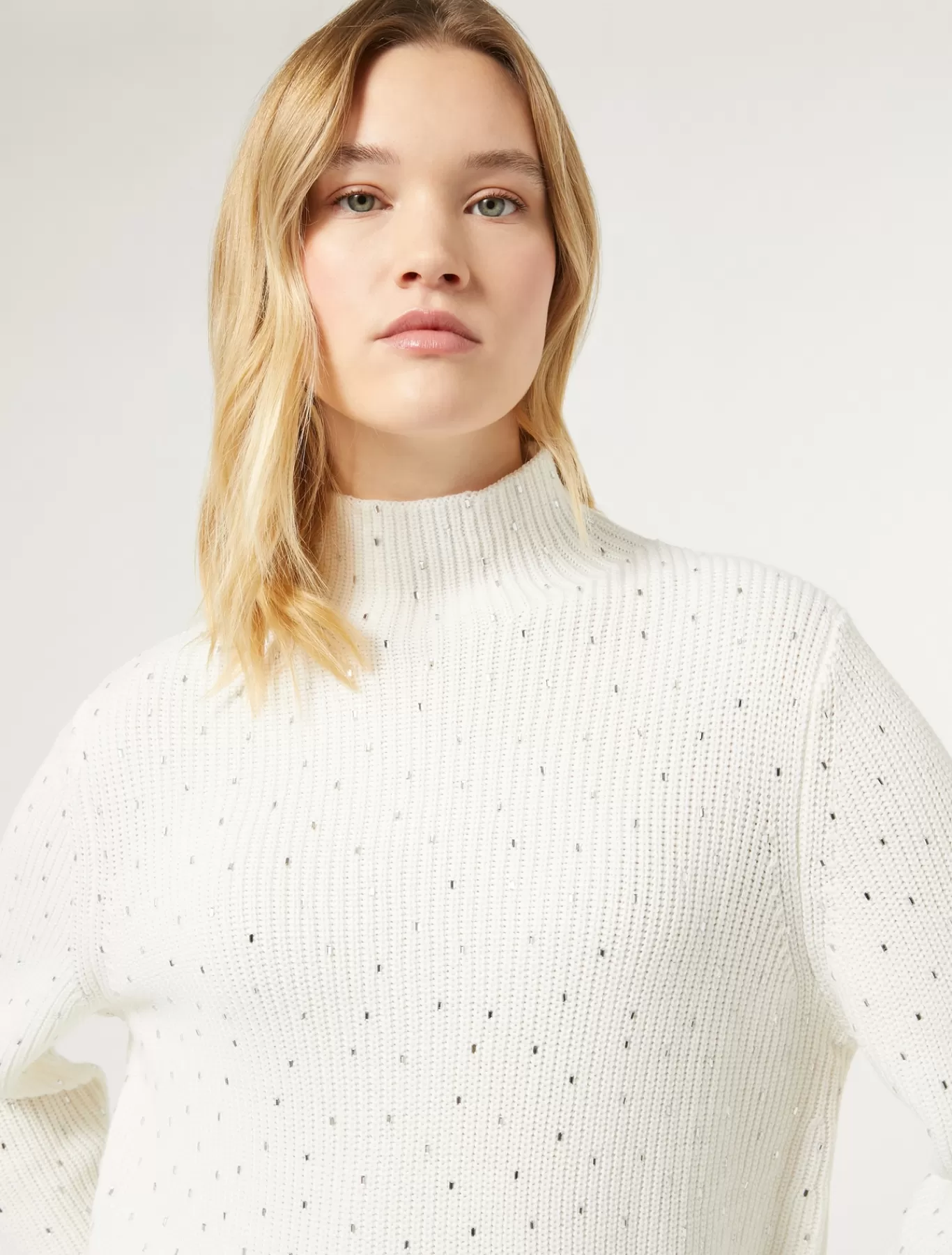 Marina Rinaldi Pulls | Pulls>Pull en laine mélangée avec strass BLANC