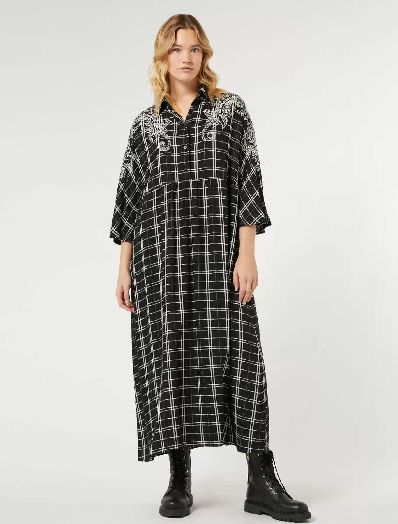 Marina Rinaldi Robes | Robes>Robe longue à carreaux avec broderie NOIR