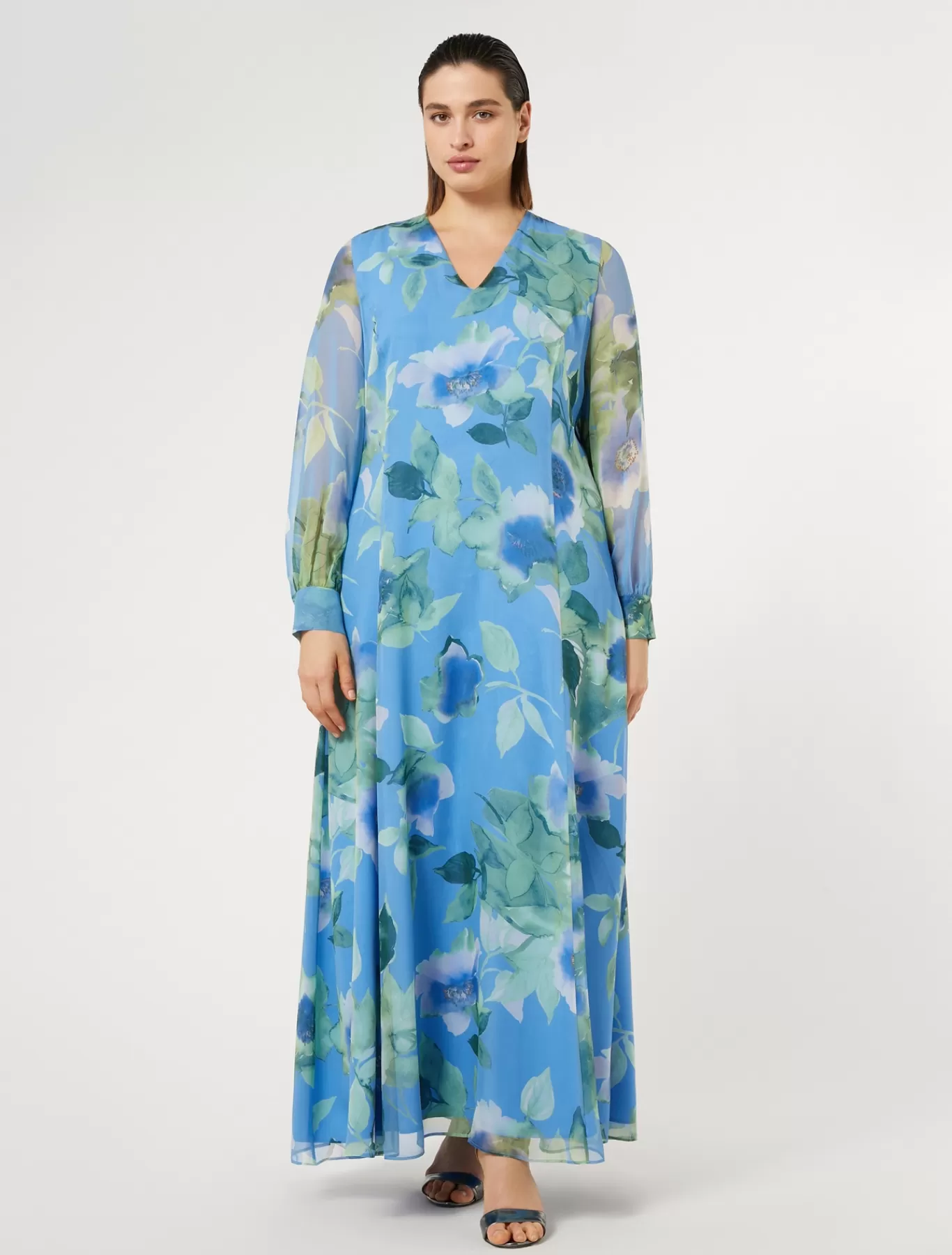 Marina Rinaldi Robes | Robes>Robe longue en georgette de soie AZURE