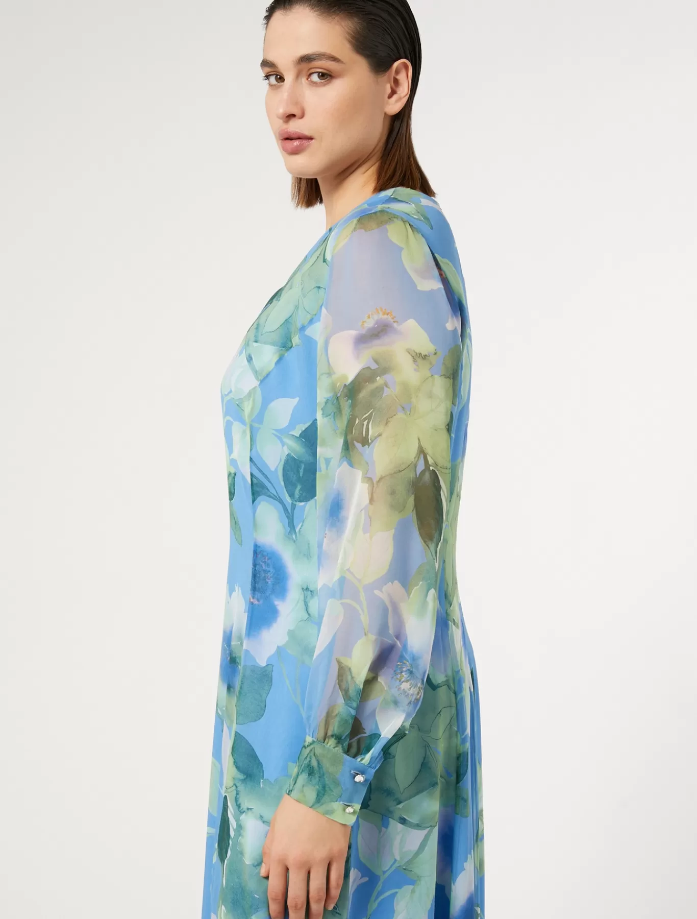 Marina Rinaldi Robes | Robes>Robe longue en georgette de soie AZURE