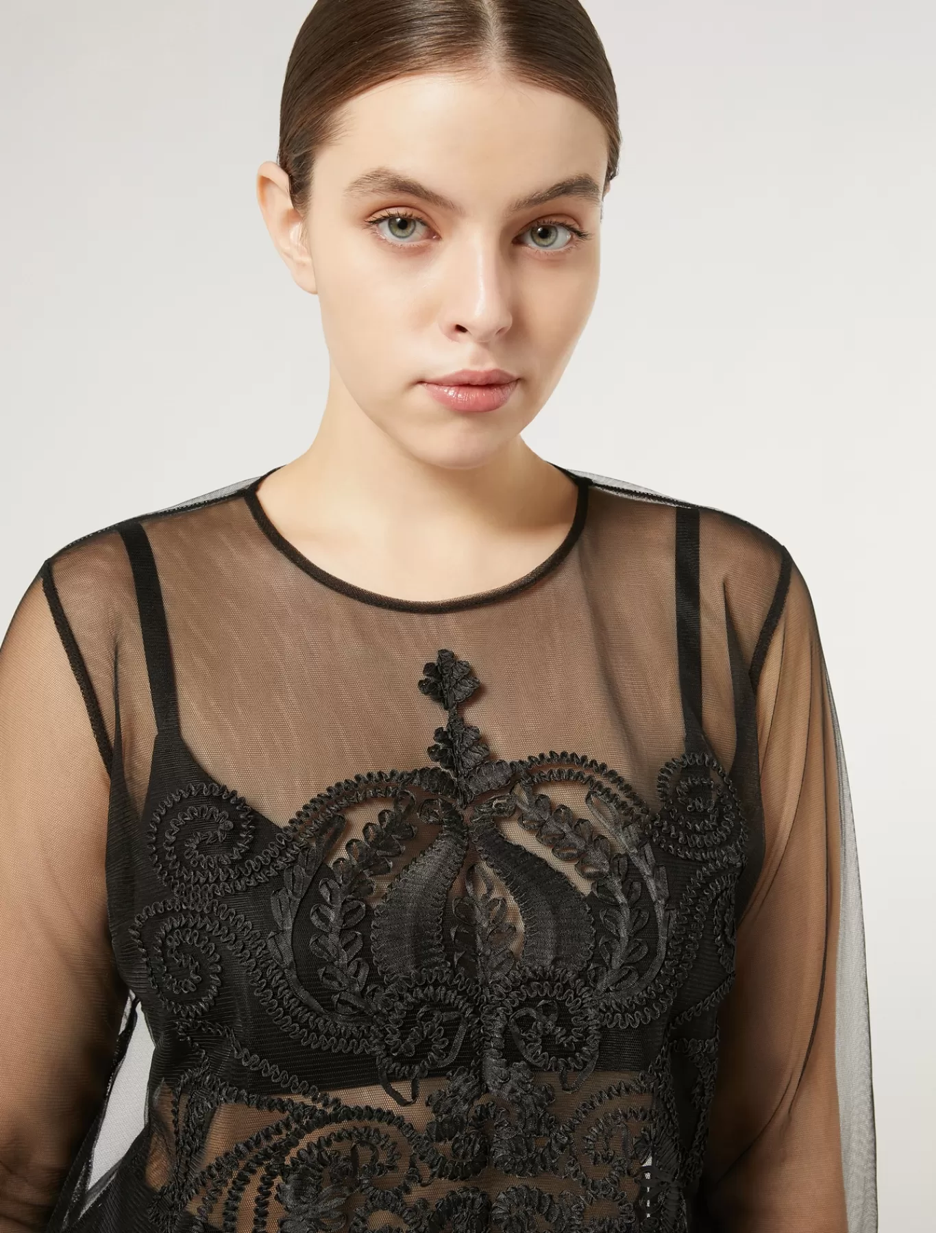 Marina Rinaldi Accessoires | Hauts & T-shirts>T-shirt en tulle brodé NOIR